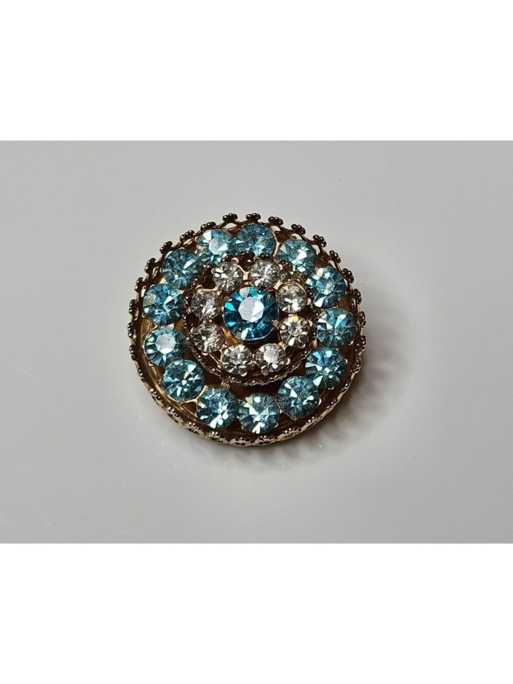 Vintage Stacked Coro Signed brooch three tiered baby blue white rhinestones